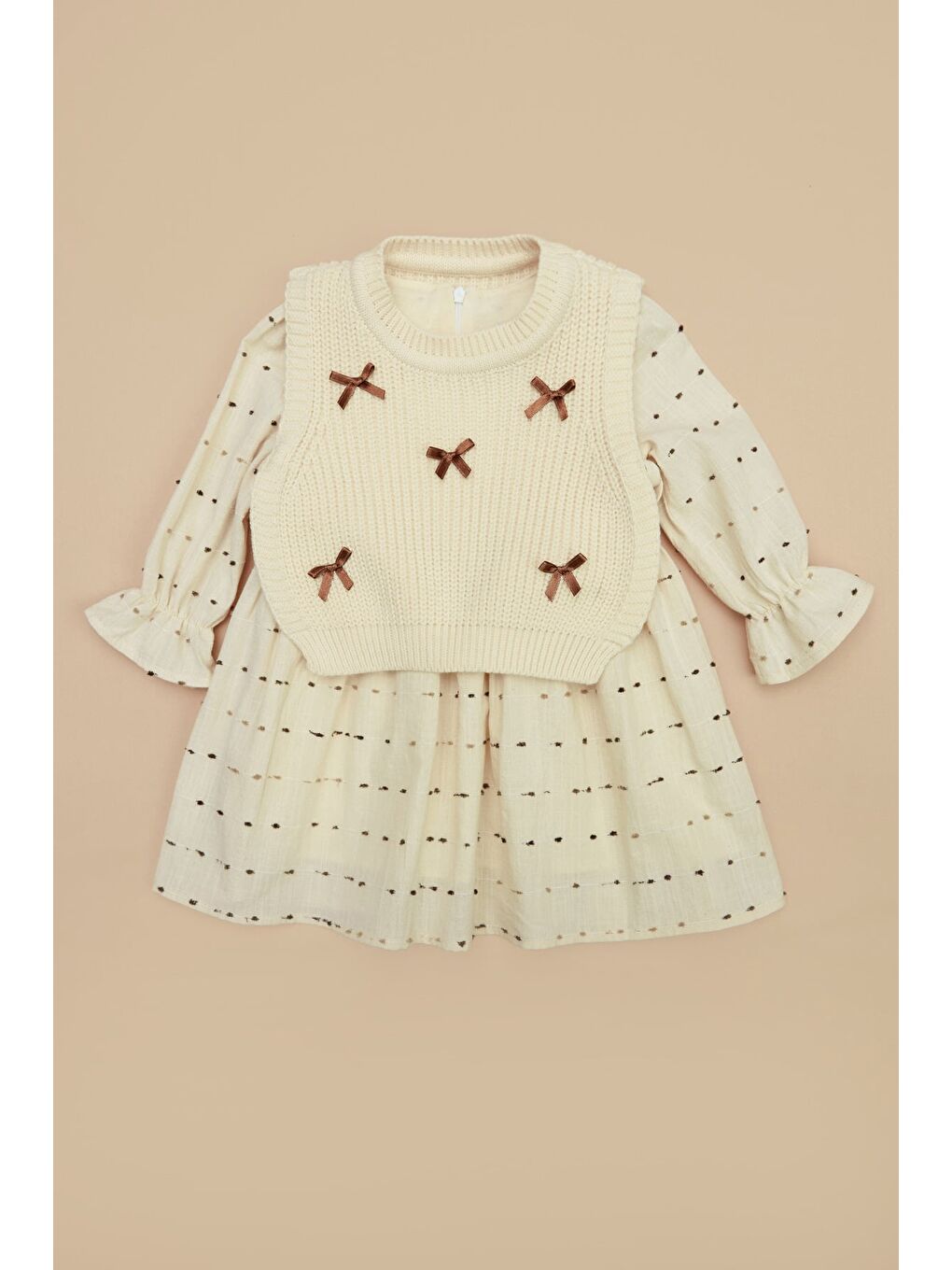 Kahverengi Fiyonklu Triko Süveterli Kız Çocuk Elbise-2