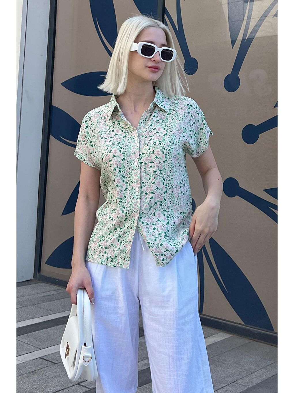 Yeşil Çiçek Desenli Kısa Kollu Kadın Gömlek Mg2098-5