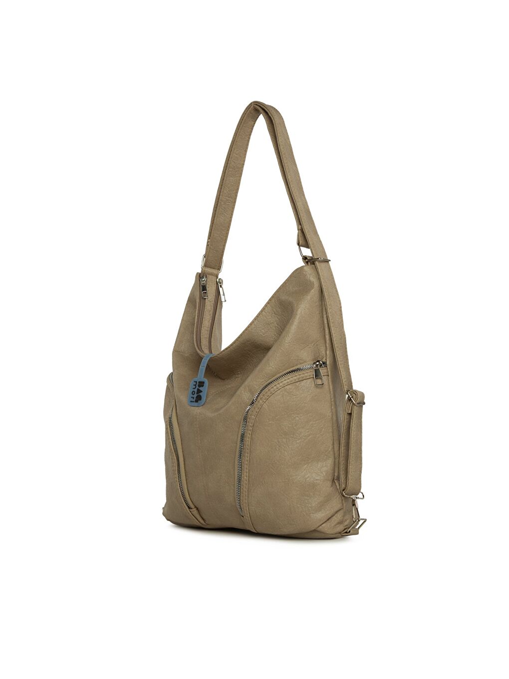 Bej Yumuşak Dokulu Çift Yan Fermuarlı Askılı ve Sırt Salaş Çanta-1