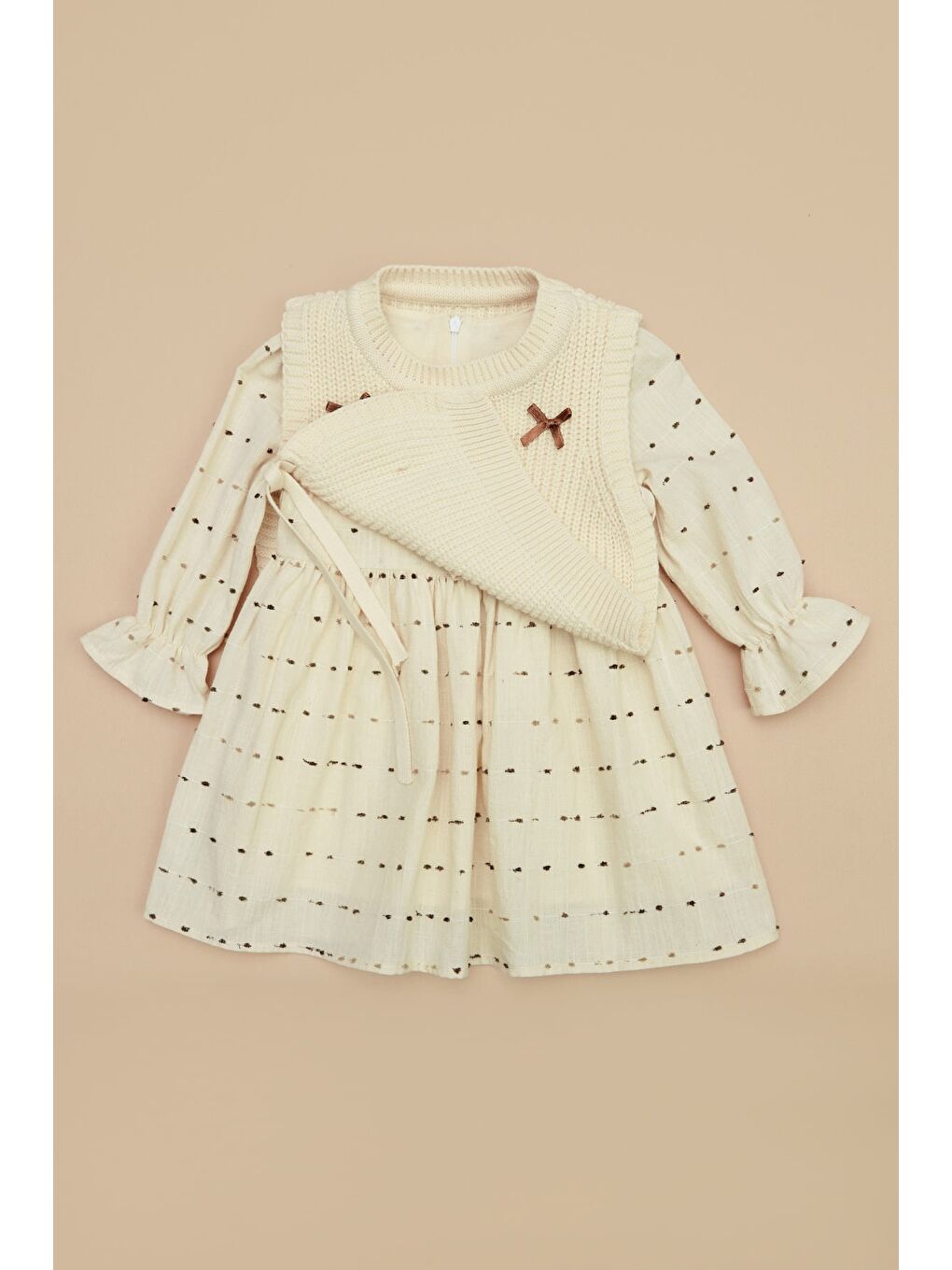 Kahverengi Fiyonklu Triko Süveterli Kız Çocuk Elbise-3