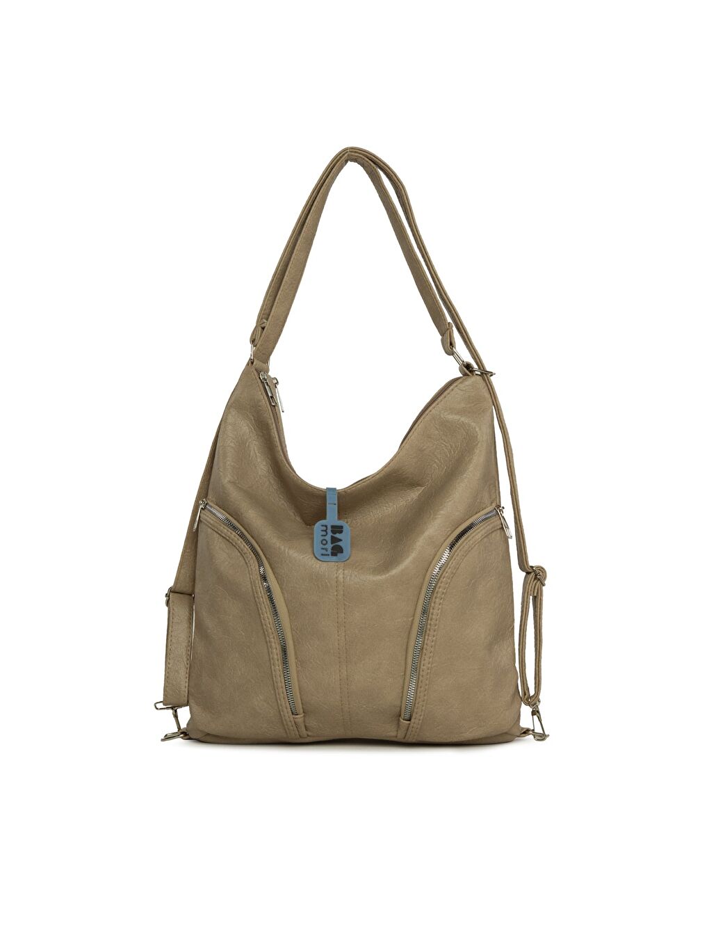 Bej Yumuşak Dokulu Çift Yan Fermuarlı Askılı ve Sırt Salaş Çanta-3