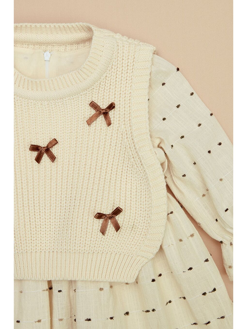 Kahverengi Fiyonklu Triko Süveterli Kız Çocuk Elbise-4