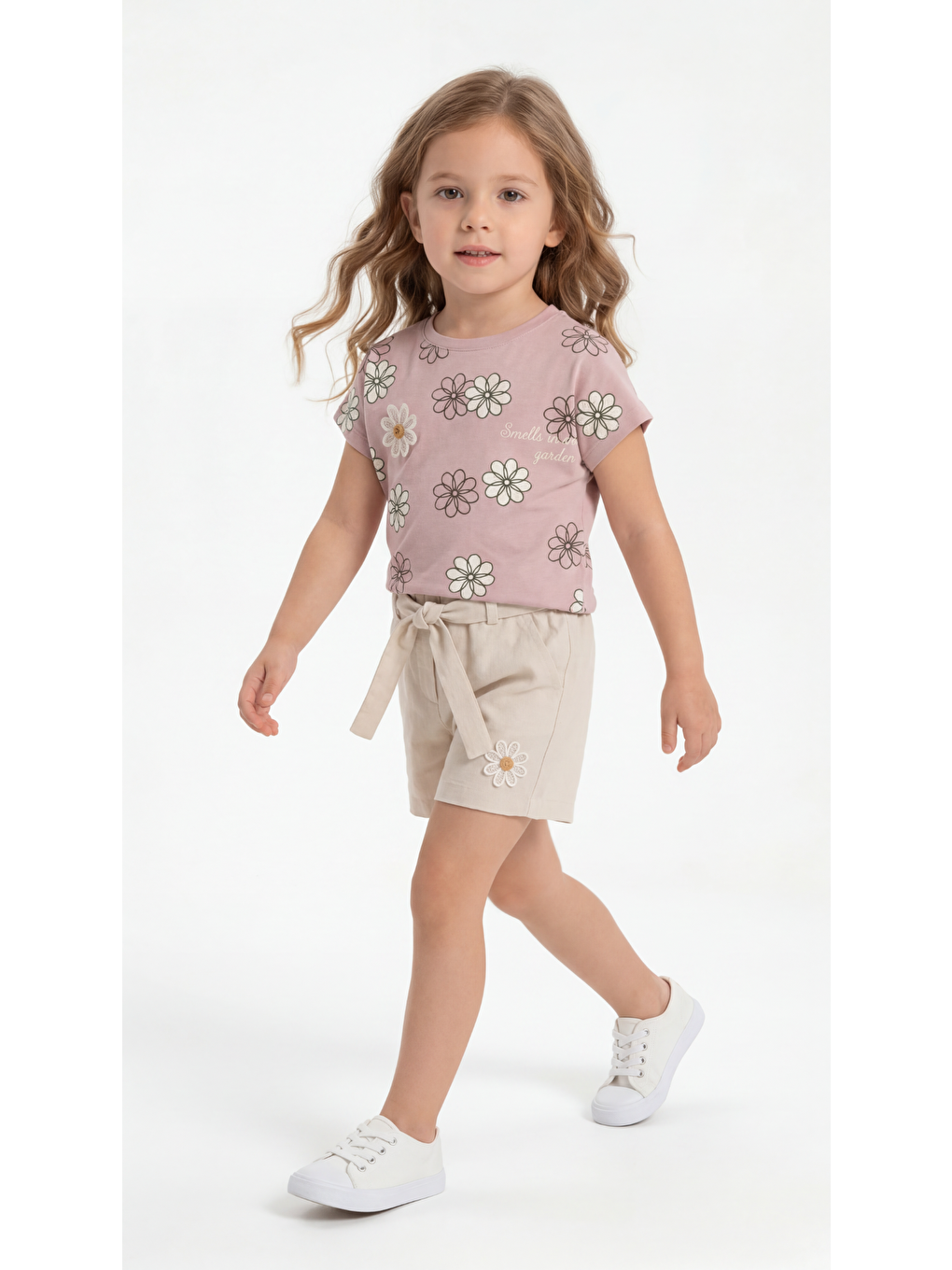 Pembe Çiçek Desenli Aplikeli Kemerli Kız Çocuk Tişört-Şort Takım-2