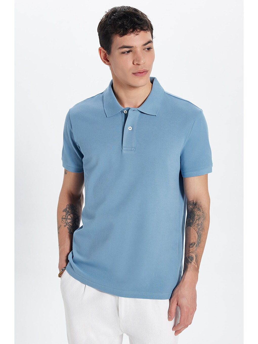 Erkek Slim Fit Dar Kesim Premium Seri %100 Pamuk Yumuşak Dokulu Merserize Mavi Polo Yaka Tişört