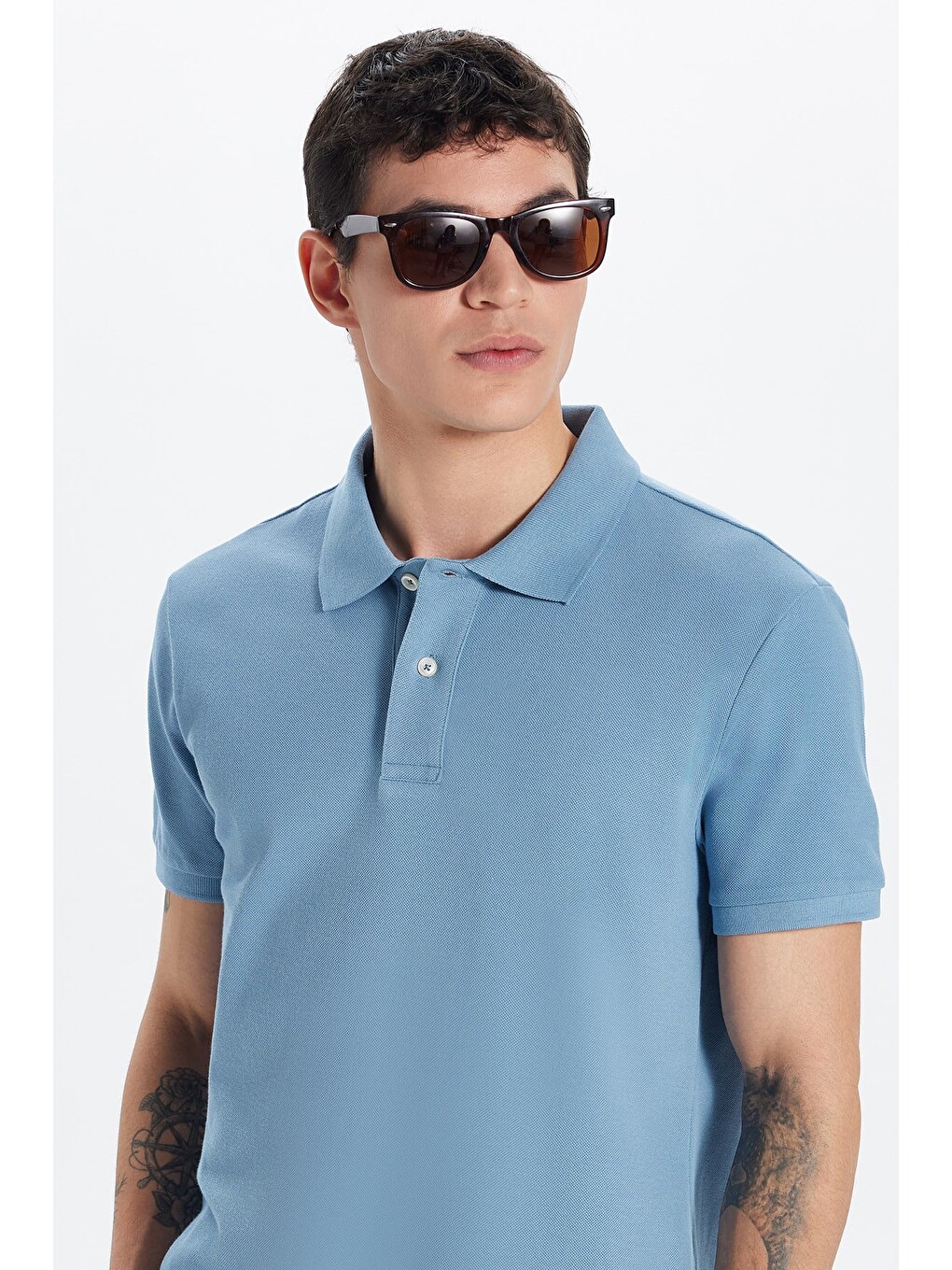 Erkek Slim Fit Dar Kesim Premium Seri %100 Pamuk Yumuşak Dokulu Merserize Mavi Polo Yaka Tişört-1