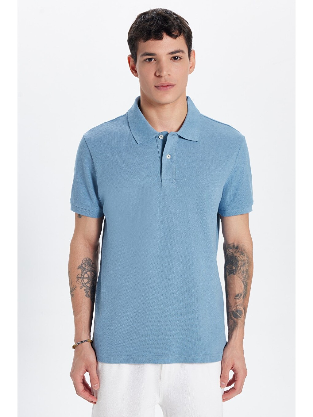 Erkek Slim Fit Dar Kesim Premium Seri %100 Pamuk Yumuşak Dokulu Merserize Mavi Polo Yaka Tişört-3