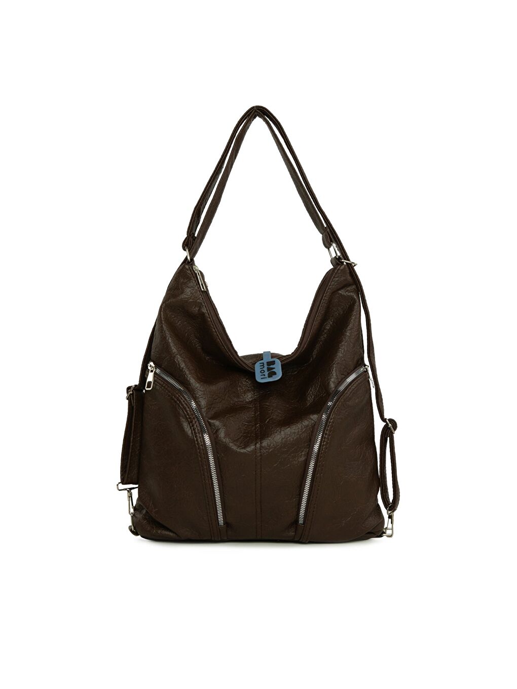 Kahverengi Yumuşak Dokulu Çift Yan Fermuarlı Askılı ve Sırt Salaş Çanta