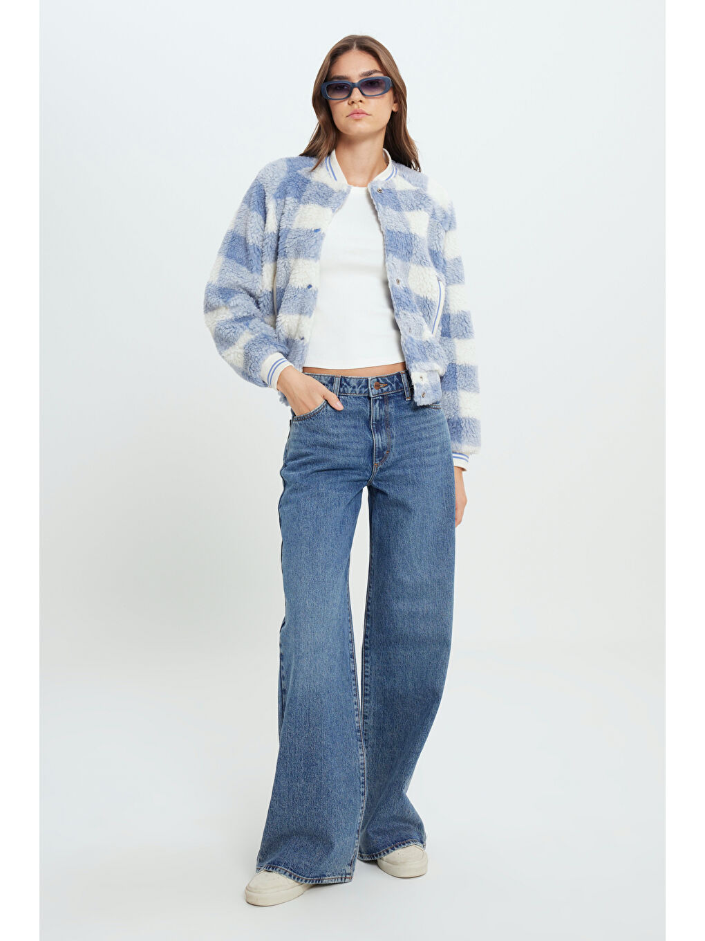 Yeşil Wide Leg Yüksek Bel Geniş Paça %100 Pamuk Mavi Jean Denim Pantolon-1