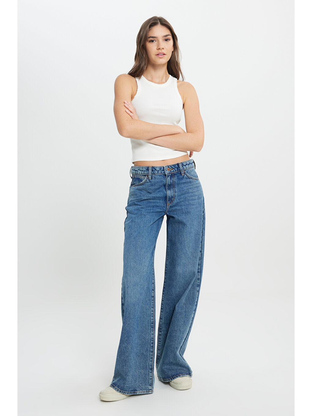 Yeşil Wide Leg Yüksek Bel Geniş Paça %100 Pamuk Mavi Jean Denim Pantolon-2
