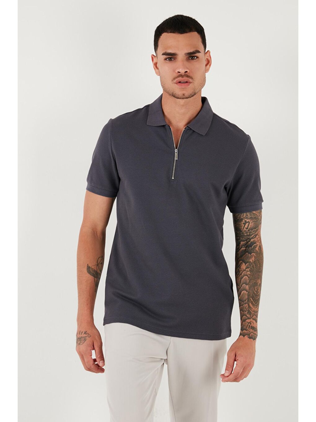 Buratti Antrasit Pamuklu Regular Fit Fermuarlı Polo Yaka Erkek T Shirt 5902915 - 3