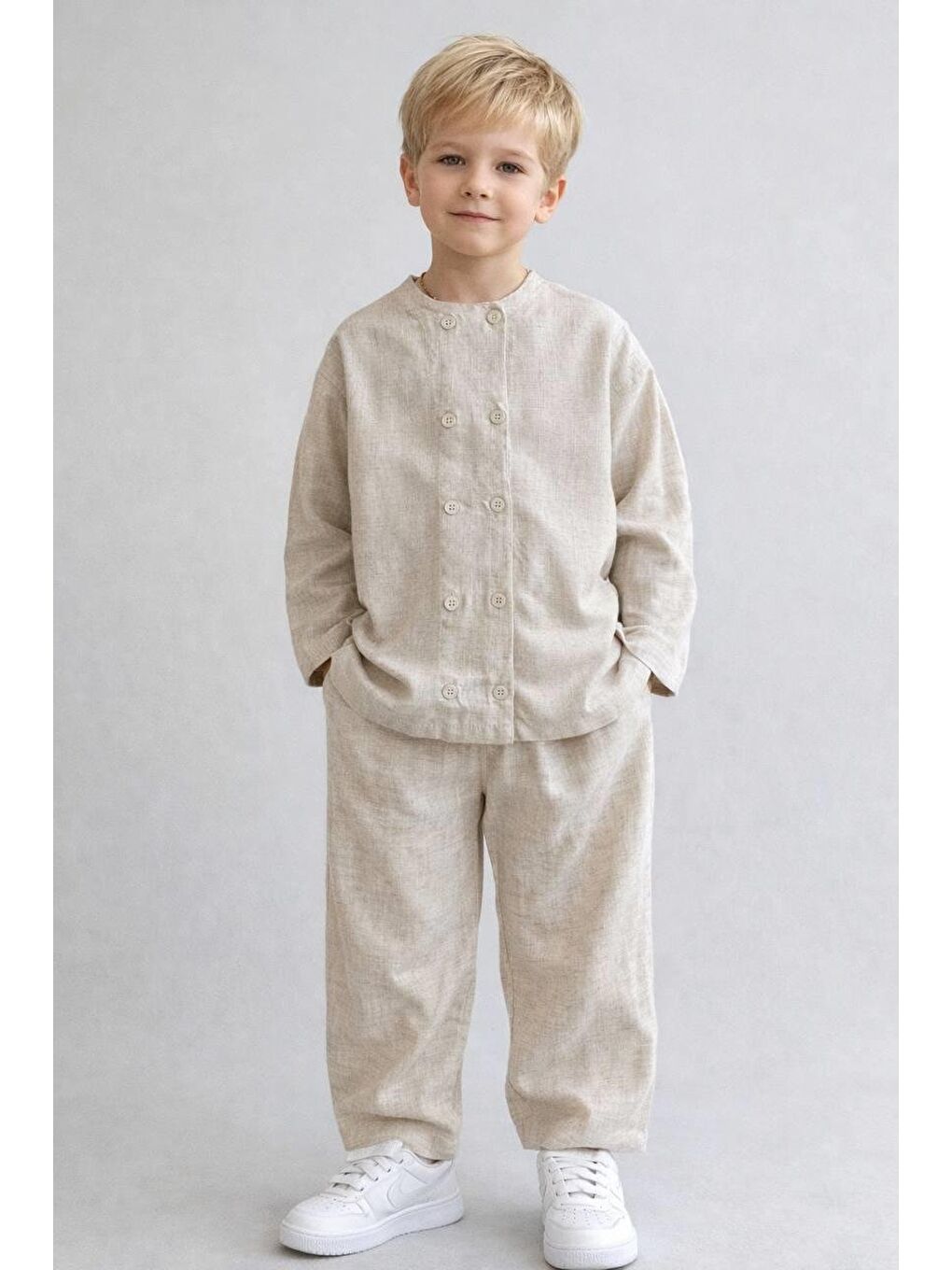 Bej Erkek Çocuk Keten Kumaş Düğme Detaylı Altüst Takım