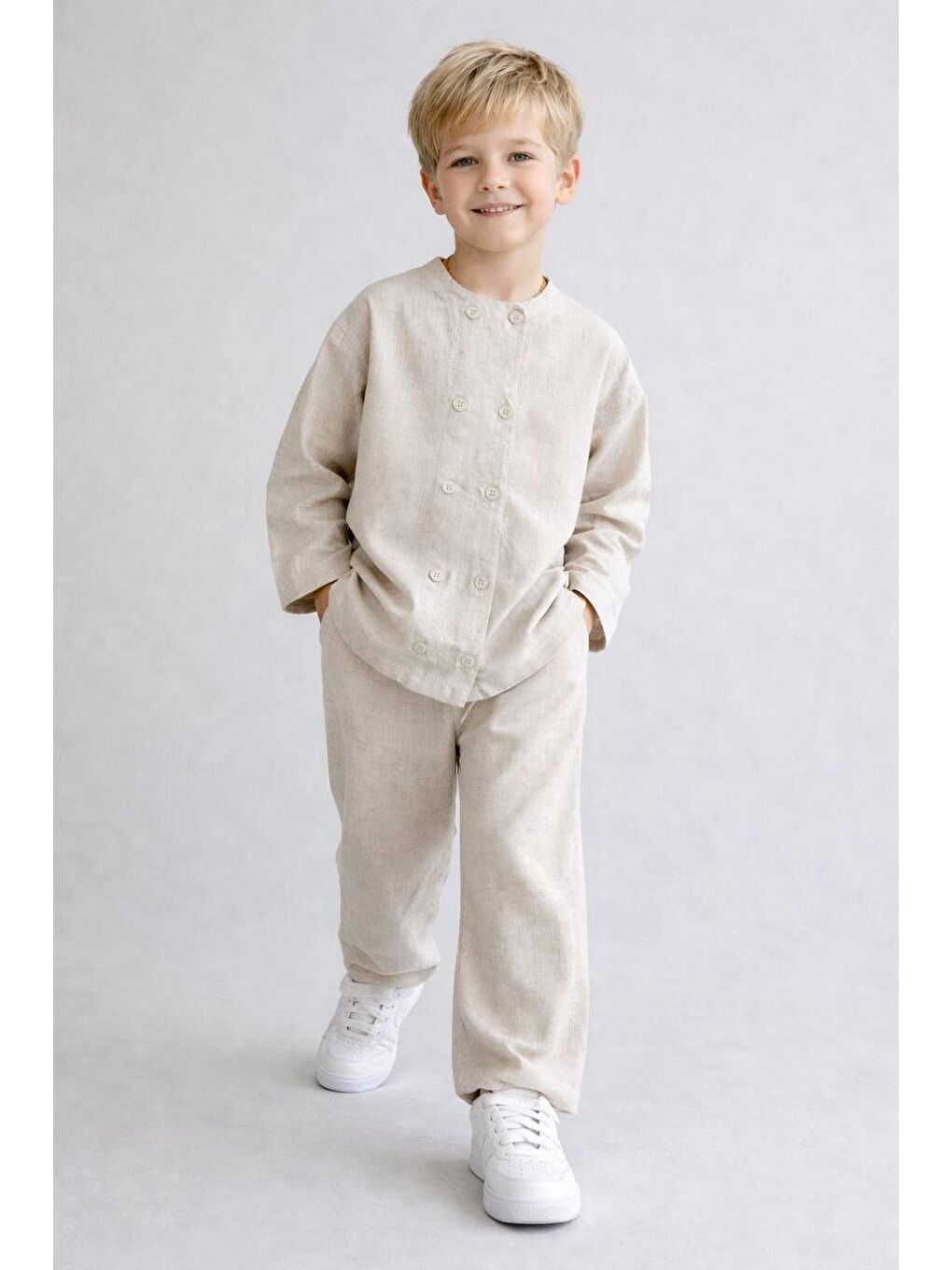 Bej Erkek Çocuk Keten Kumaş Düğme Detaylı Altüst Takım-1