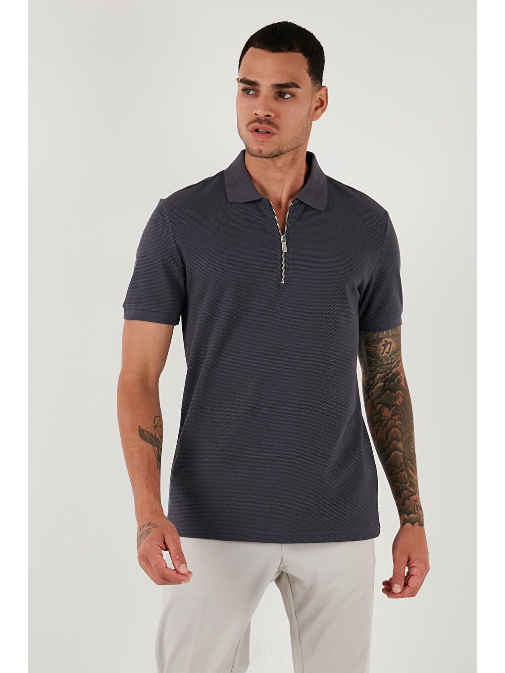 Buratti Antrasit Pamuklu Regular Fit Fermuarlı Polo Yaka Erkek T Shirt 5902915 - 4