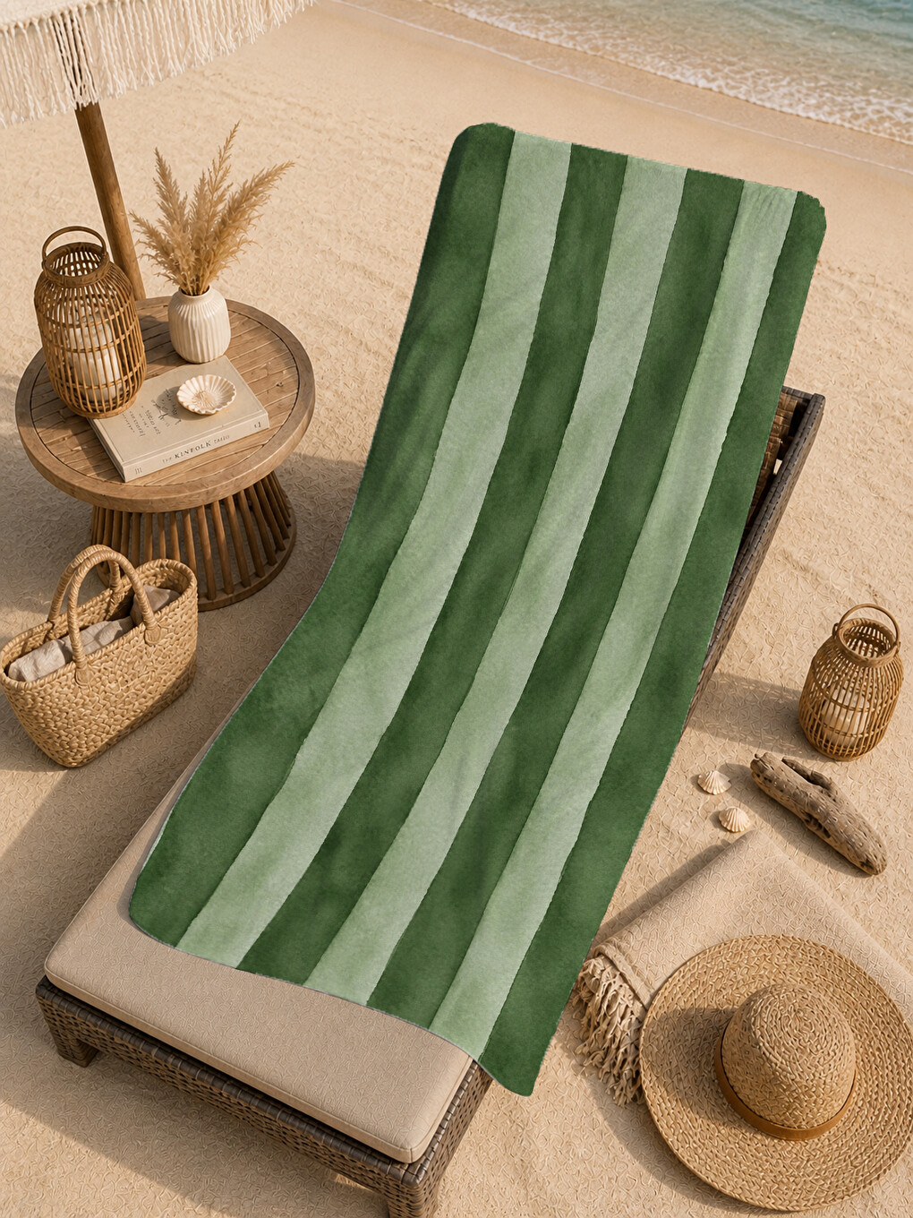 Suluboya Koyu Yeşil Mint Dikey Çizgili Desenli 70x150 Plaj Havlusu - Dijital Baskılı Banyo Havlusu-3