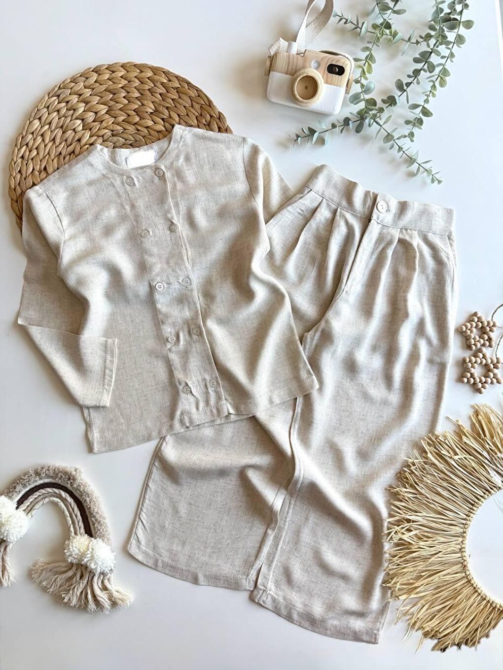 Bej Erkek Çocuk Keten Kumaş Düğme Detaylı Altüst Takım-2