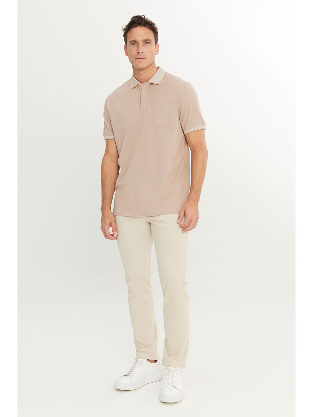 Erkek Bej-Beyaz Pamuklu Comfort Fit Rahat Kesim Polo Yaka Cepli Tişört-1