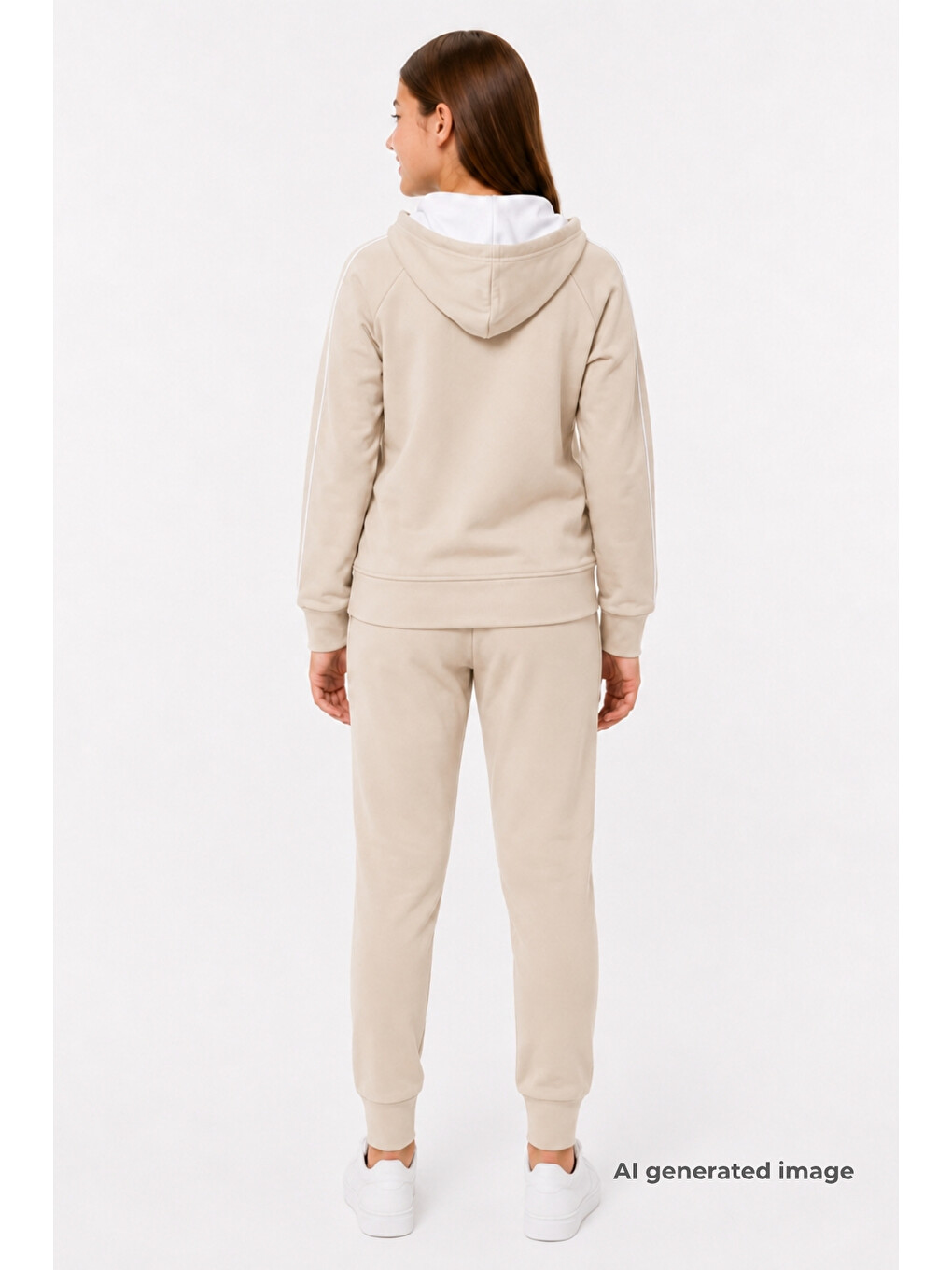Ekru Kız Çocuk Scuba Unlimited Çift Şeritli Kapüşonlu Reglan Kol Dalgıç Kumaş Eşofman Takımı Esf7023-5
