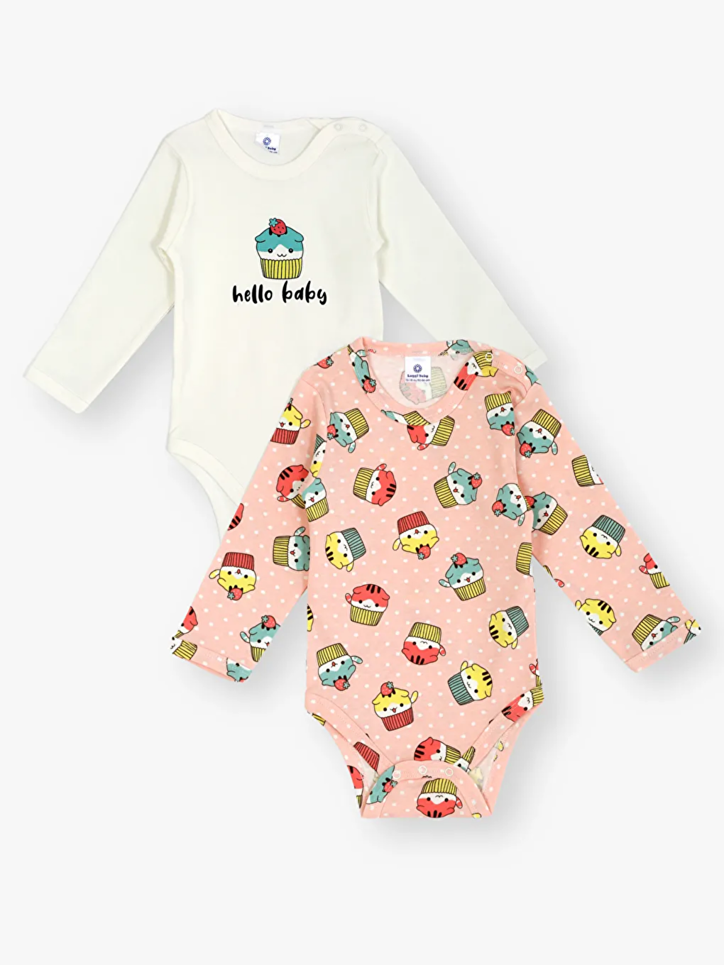 Ekru Bisiklet Yaka Baskılı Uzun Kollu Kız Bebek Çıtçıtlı Body 2'li