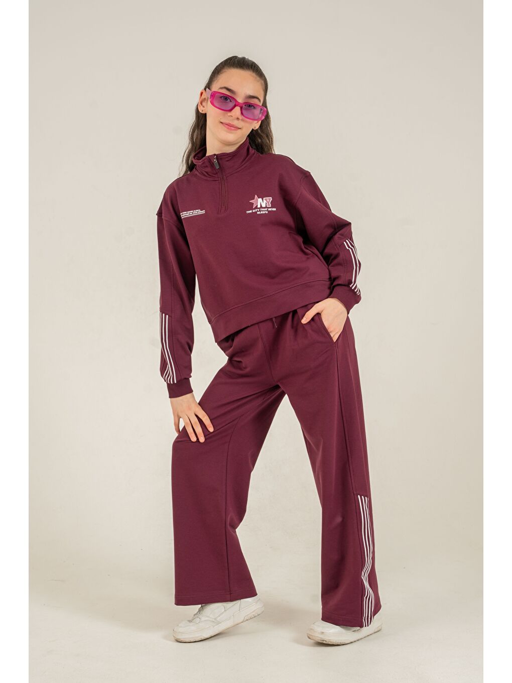 Kırmızı The City  That Never Sleeps Baskılı Üst Ön Boydan Fermuarlı Kız Çocuk Alt Üst Eşofman Takımı-1