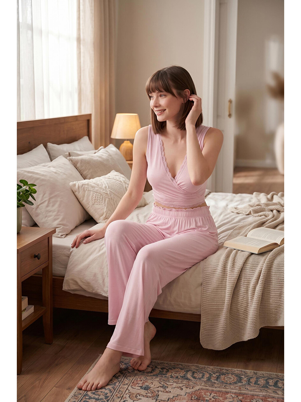 Pembe Yumuşak Dokulu Sırtı Bağlamalı Dantelli Crop Pijama Takımı 6575015