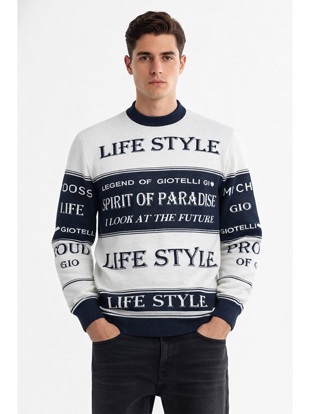 Lacivert Yazi Detayli Bİsİklet Yaka Kazak