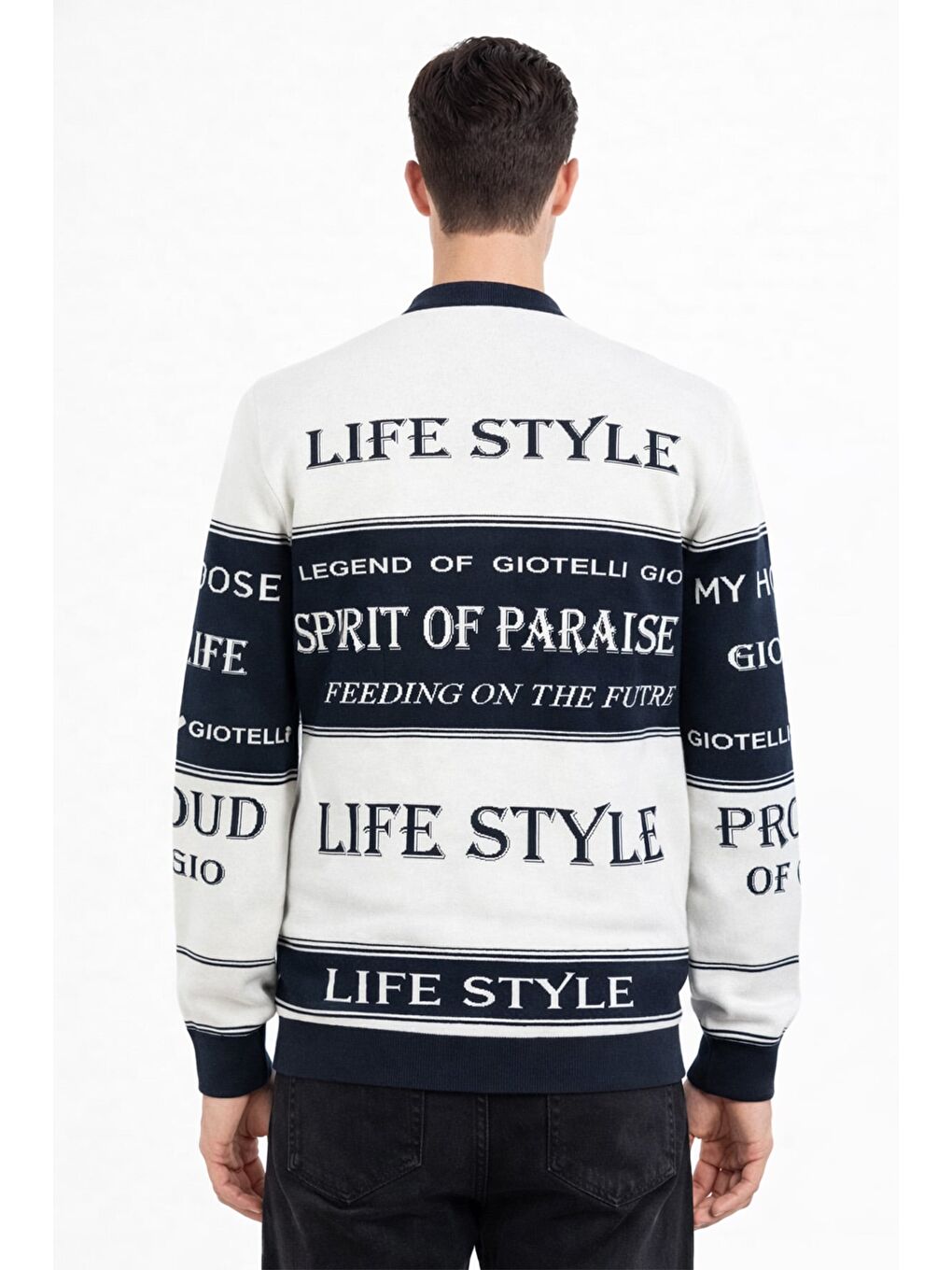 Lacivert Yazi Detayli Bİsİklet Yaka Kazak-3