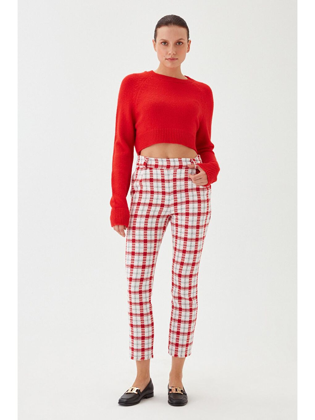 Kırmızı Kadın Nar Bisiklet Yaka Yumuşak Dokulu Crop Triko Kazak-2