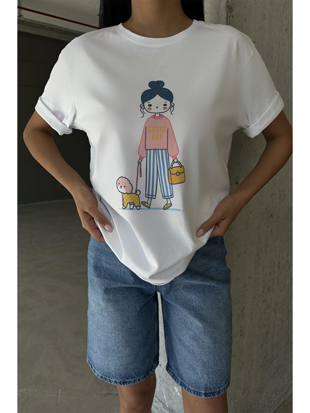 Beyaz Great Day Baskılı Yapay Zeka Tasarımı Ekolojik Penye Oversize %100 Pamuk Kadın Tişört @BlahxAi-5