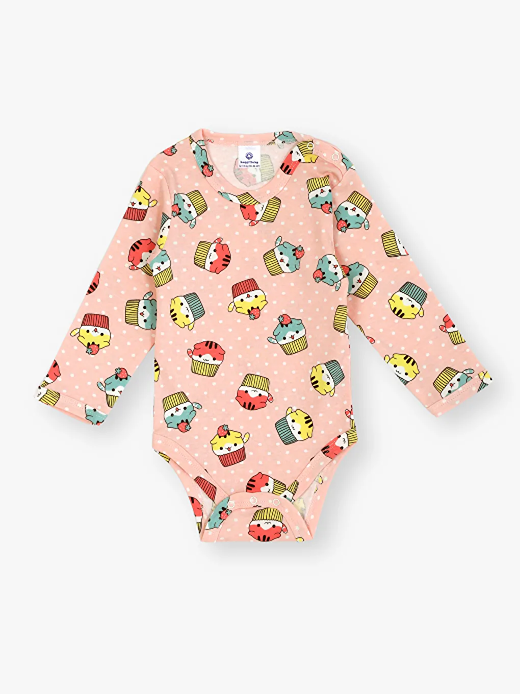 Ekru Bisiklet Yaka Baskılı Uzun Kollu Kız Bebek Çıtçıtlı Body 2'li-2