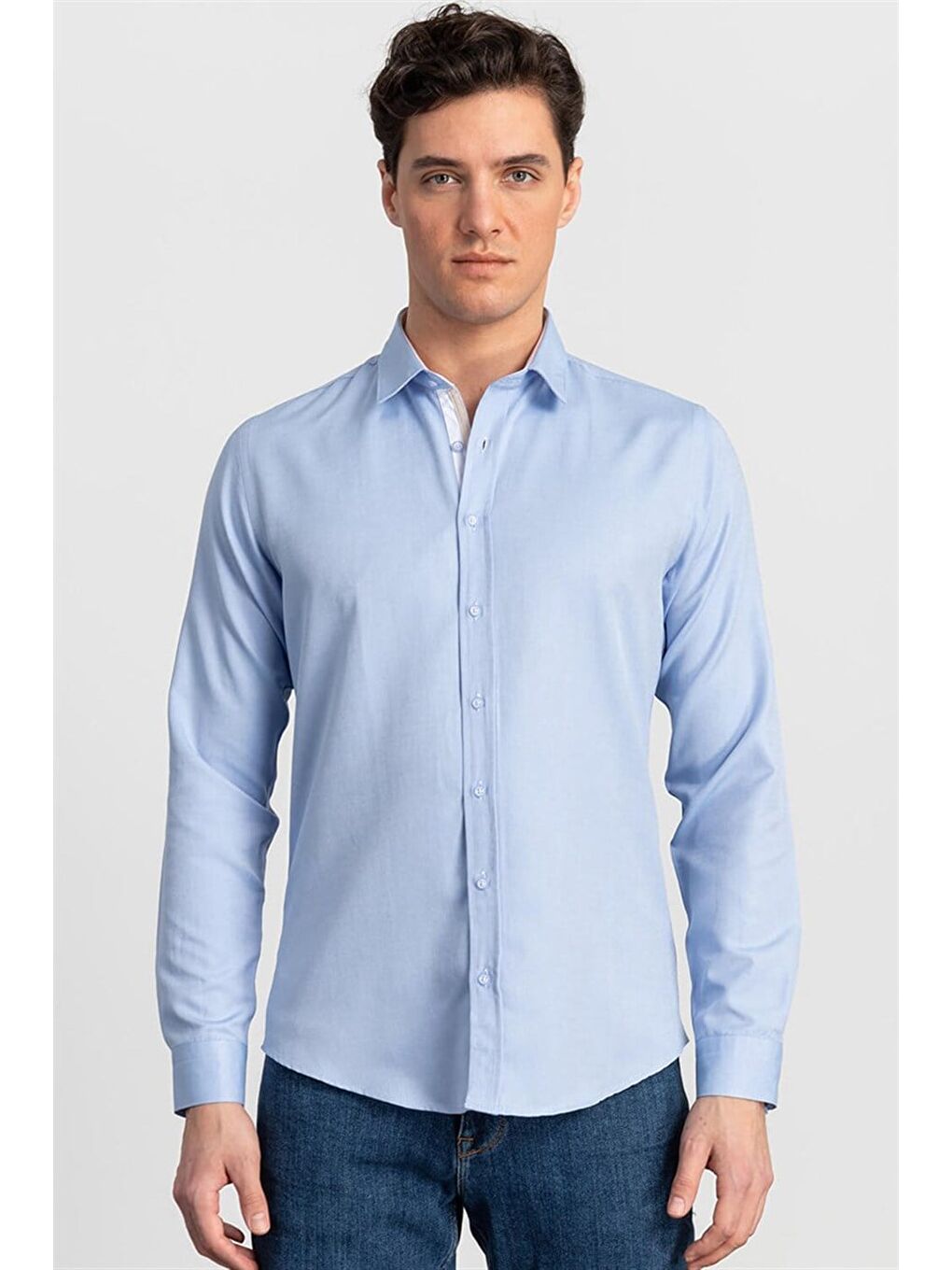 Slim Fit Uzun Kollu Pamuklu Kolay Ütü Düz Erkek Mavi Gömlek