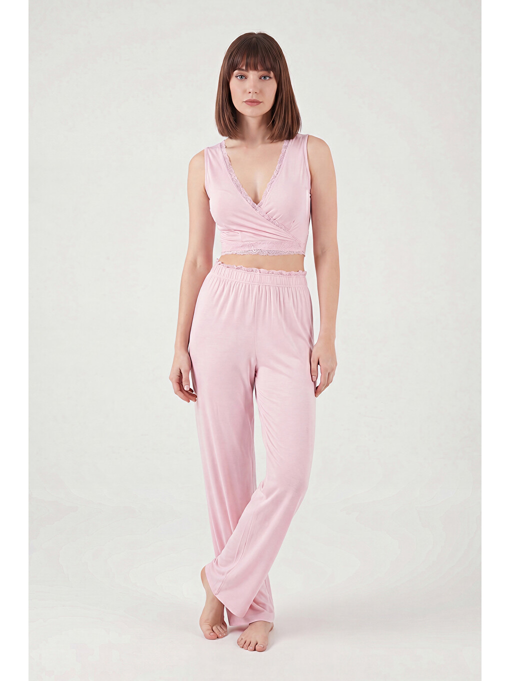 Pembe Yumuşak Dokulu Sırtı Bağlamalı Dantelli Crop Pijama Takımı 6575015-4