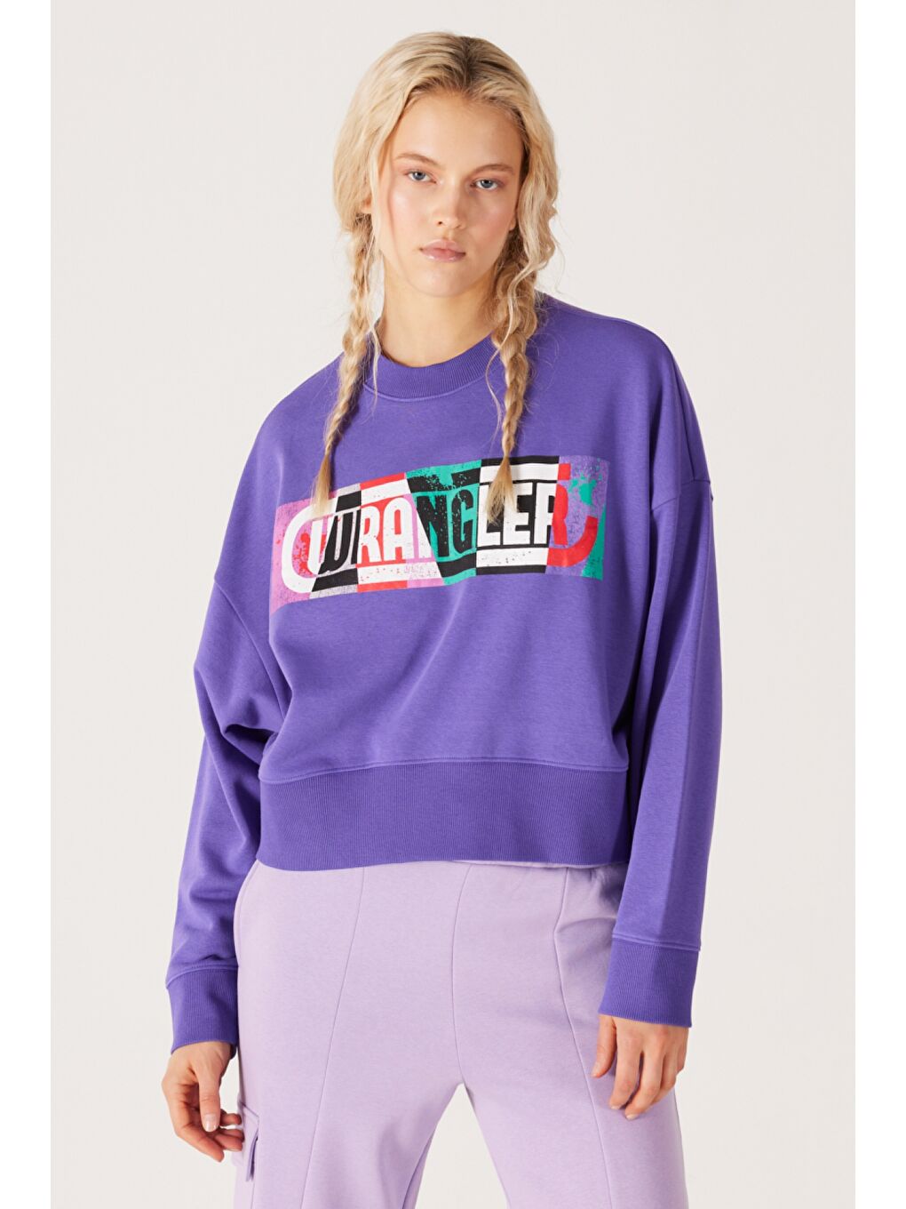 Relaxed Fit Geniş Kesim İçi Polarlı Bisiklet Yaka Mor Sweatshirt