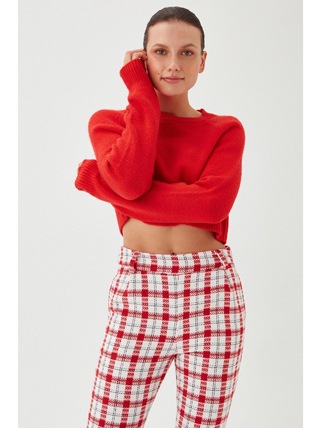 Kırmızı Kadın Nar Bisiklet Yaka Yumuşak Dokulu Crop Triko Kazak-3