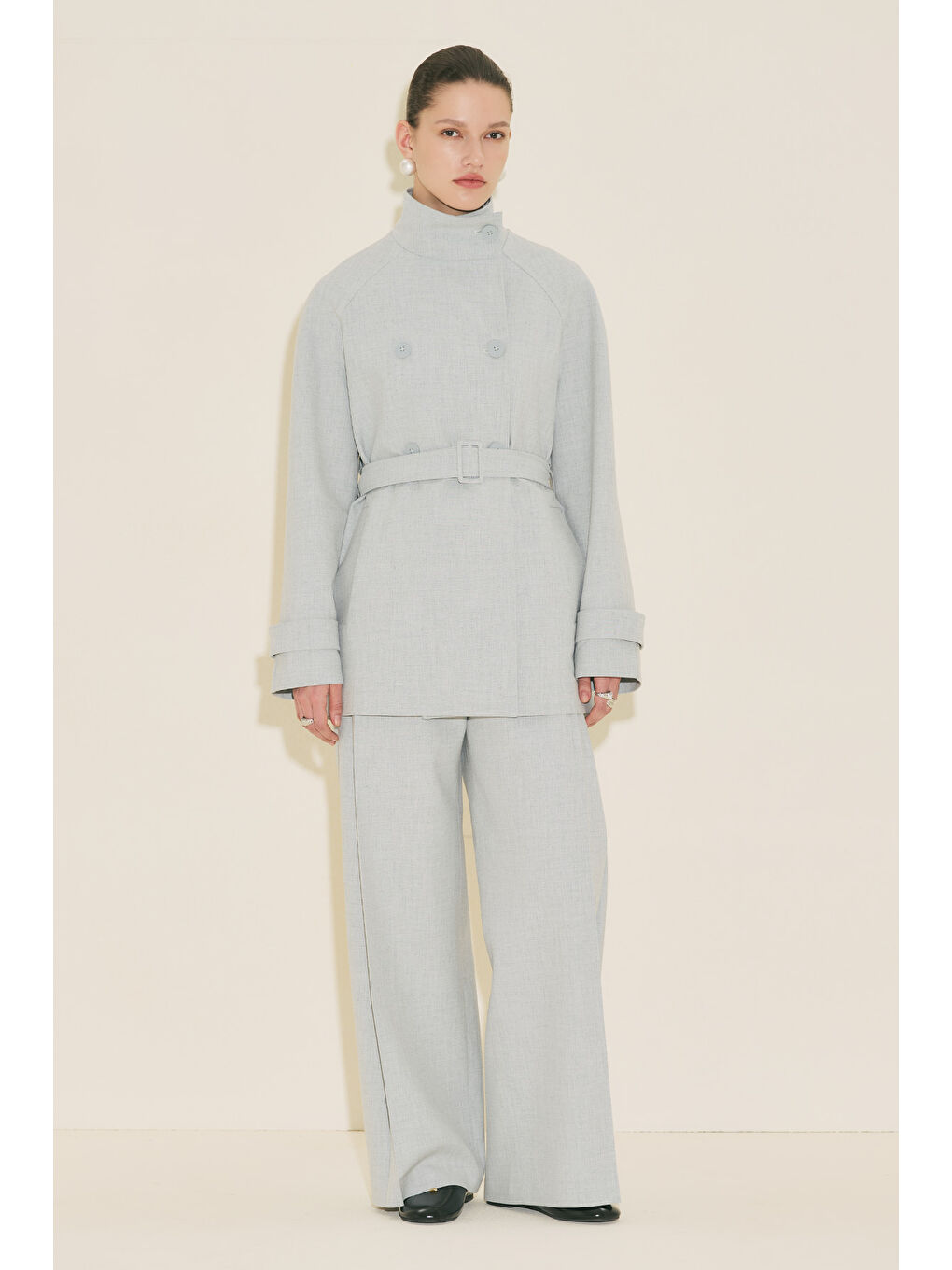 Yüksek Yaka Kemerli Trençkot Mavi