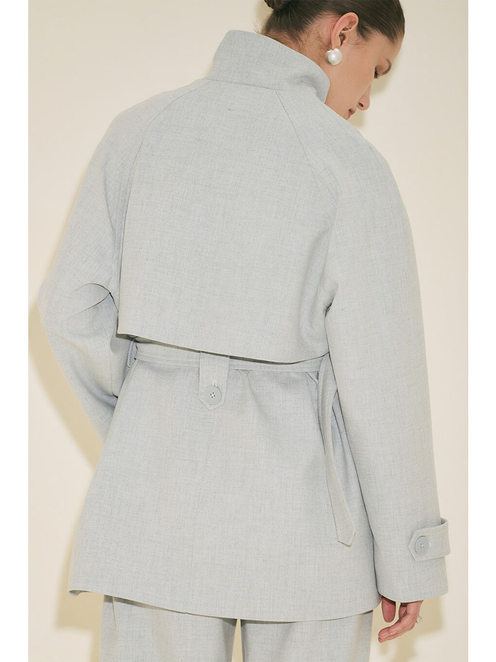 Yüksek Yaka Kemerli Trençkot Mavi-1