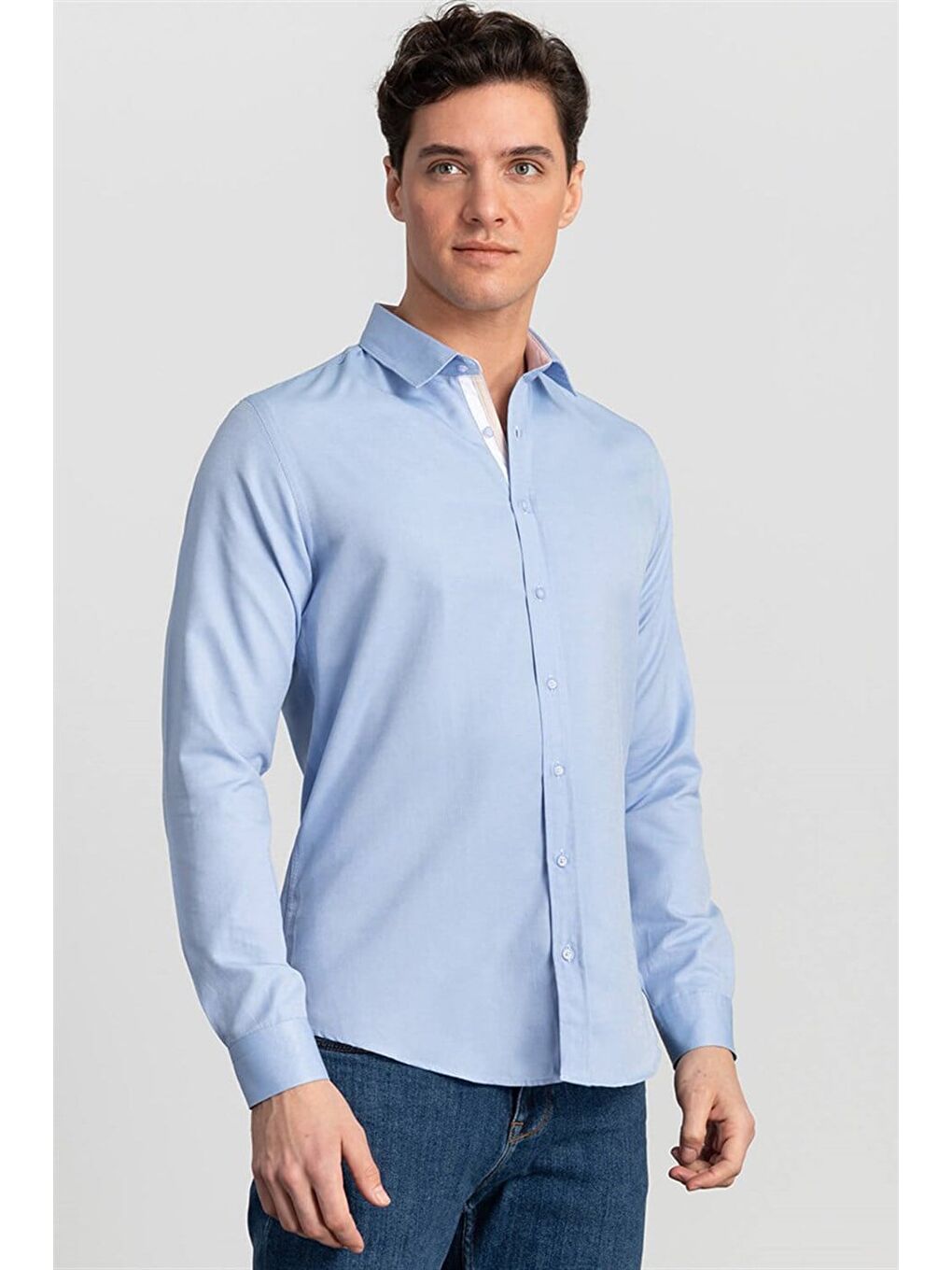 Slim Fit Uzun Kollu Pamuklu Kolay Ütü Düz Erkek Mavi Gömlek-1