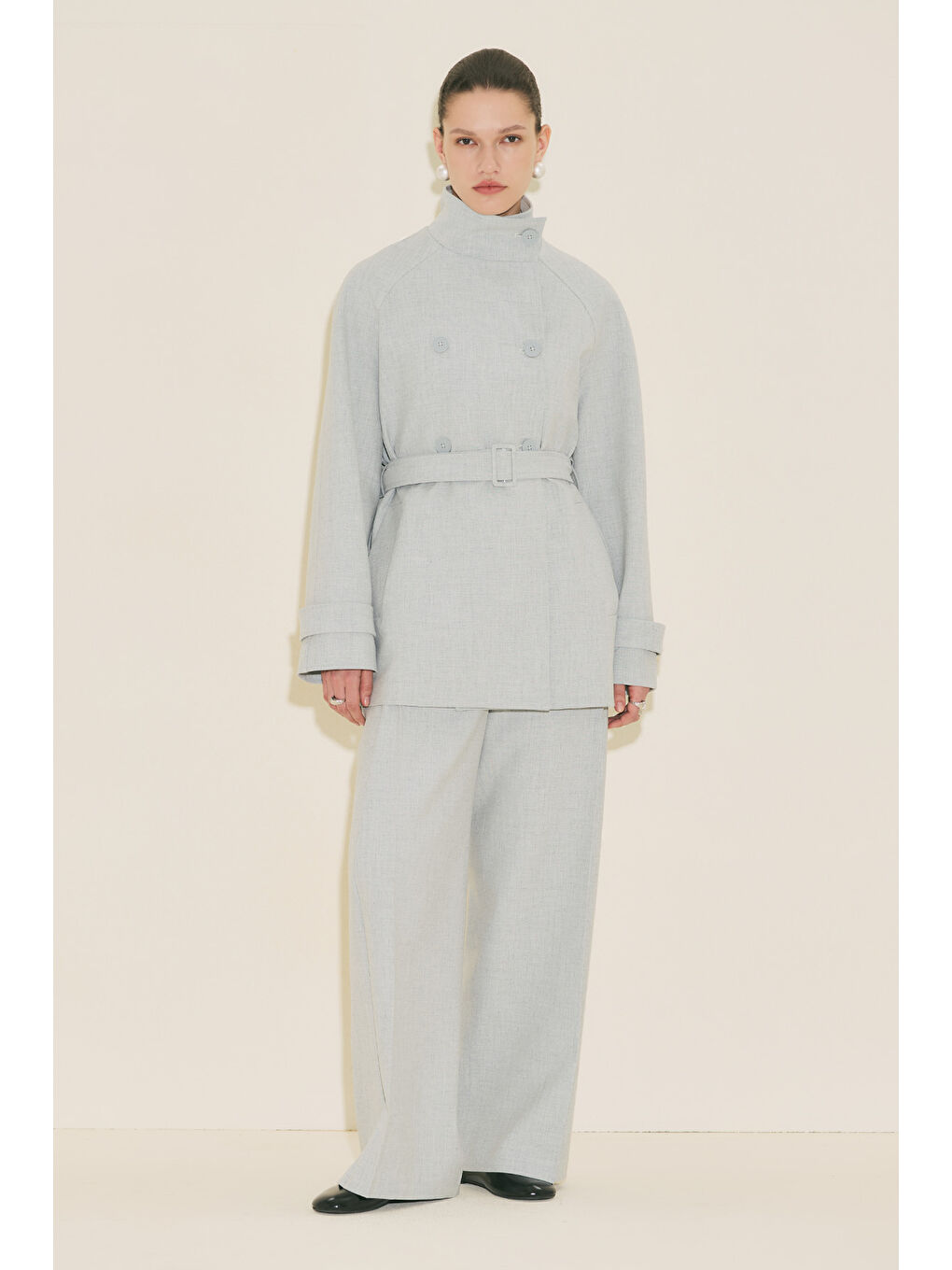 Yüksek Yaka Kemerli Trençkot Mavi-2