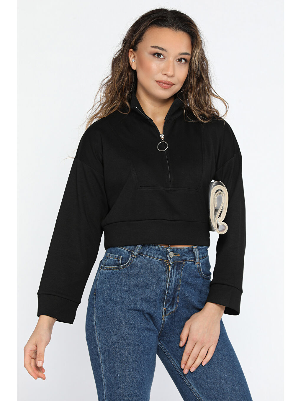 GÜLSELİ Siyah Oysho Kumaş Fermuar Detaylı Kadın Crop Top Sweatshirt