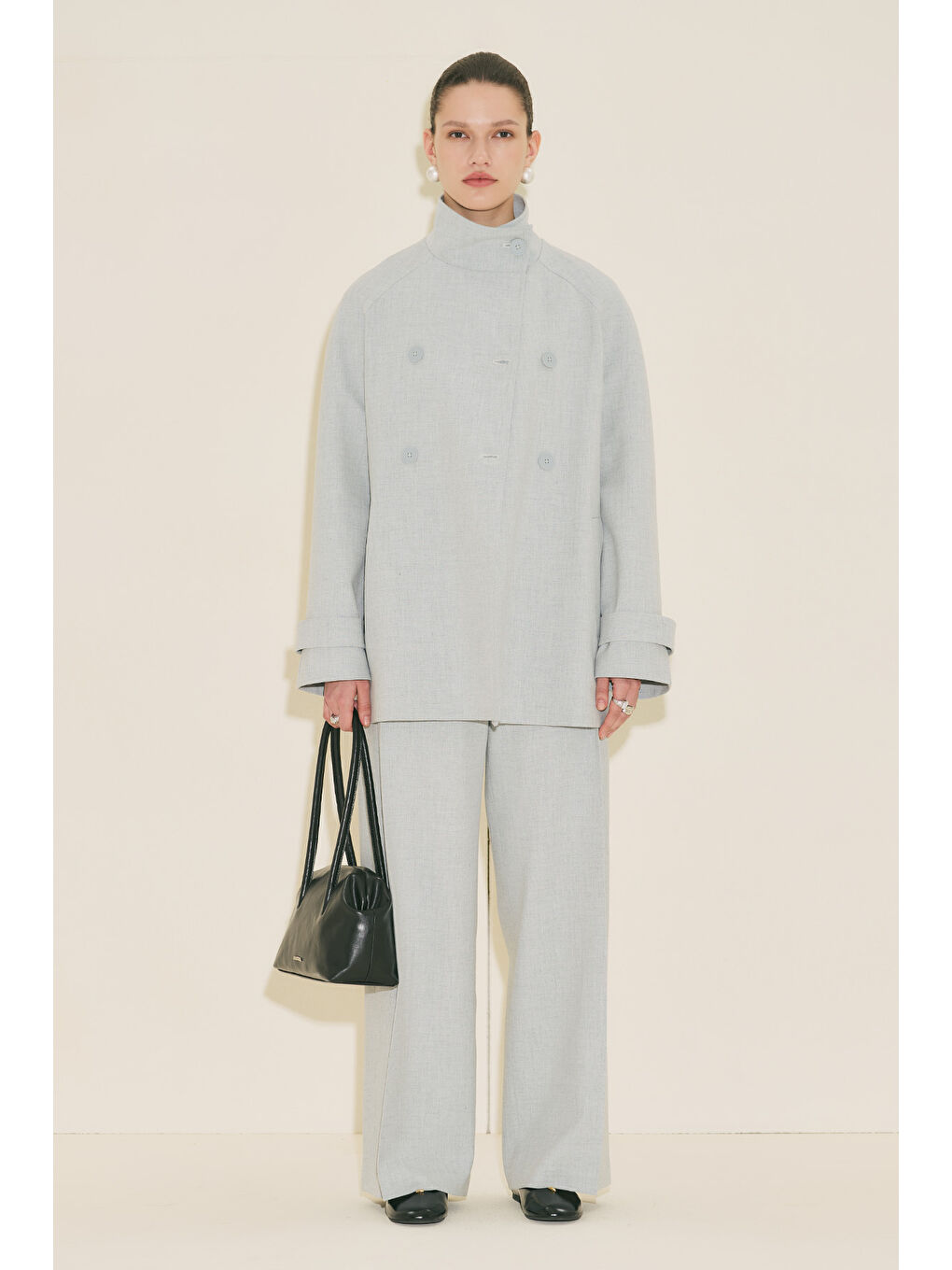 Yüksek Yaka Kemerli Trençkot Mavi-3