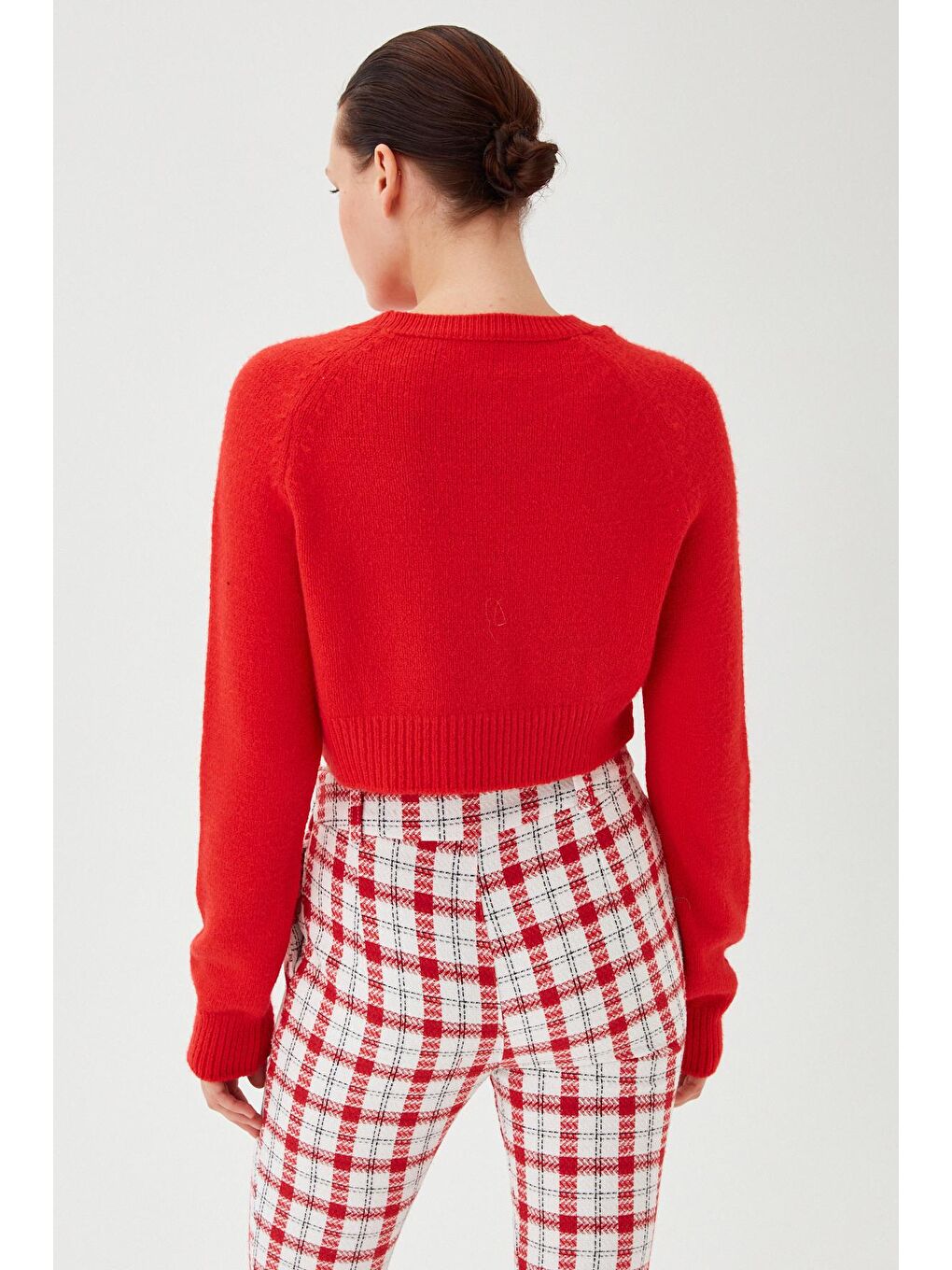 Kırmızı Kadın Nar Bisiklet Yaka Yumuşak Dokulu Crop Triko Kazak-4