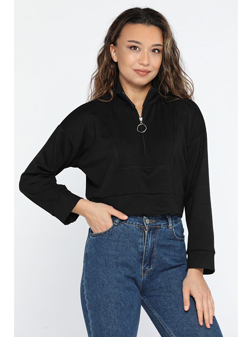 GÜLSELİ Siyah Oysho Kumaş Fermuar Detaylı Kadın Crop Top Sweatshirt - 1