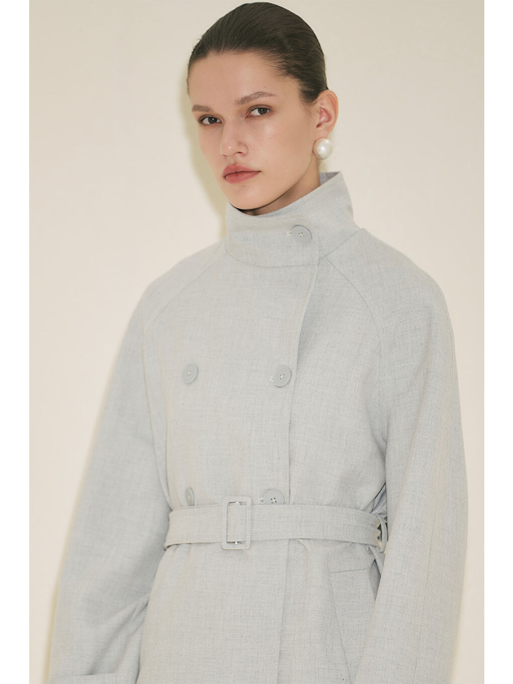 Yüksek Yaka Kemerli Trençkot Mavi-4