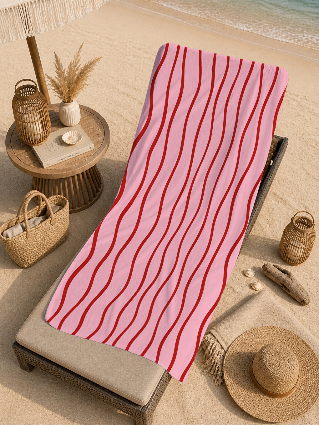 Retro Pembe Kırmızı Dalgalı Çizgili Desenli 70x150 Plaj Havlusu - Dijital Baskılı Banyo Havlusu-1
