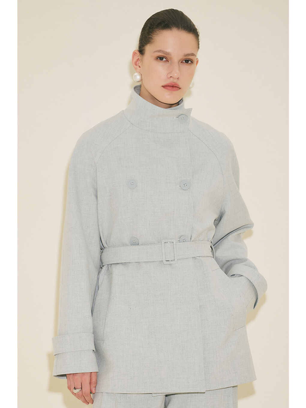 Yüksek Yaka Kemerli Trençkot Mavi-5