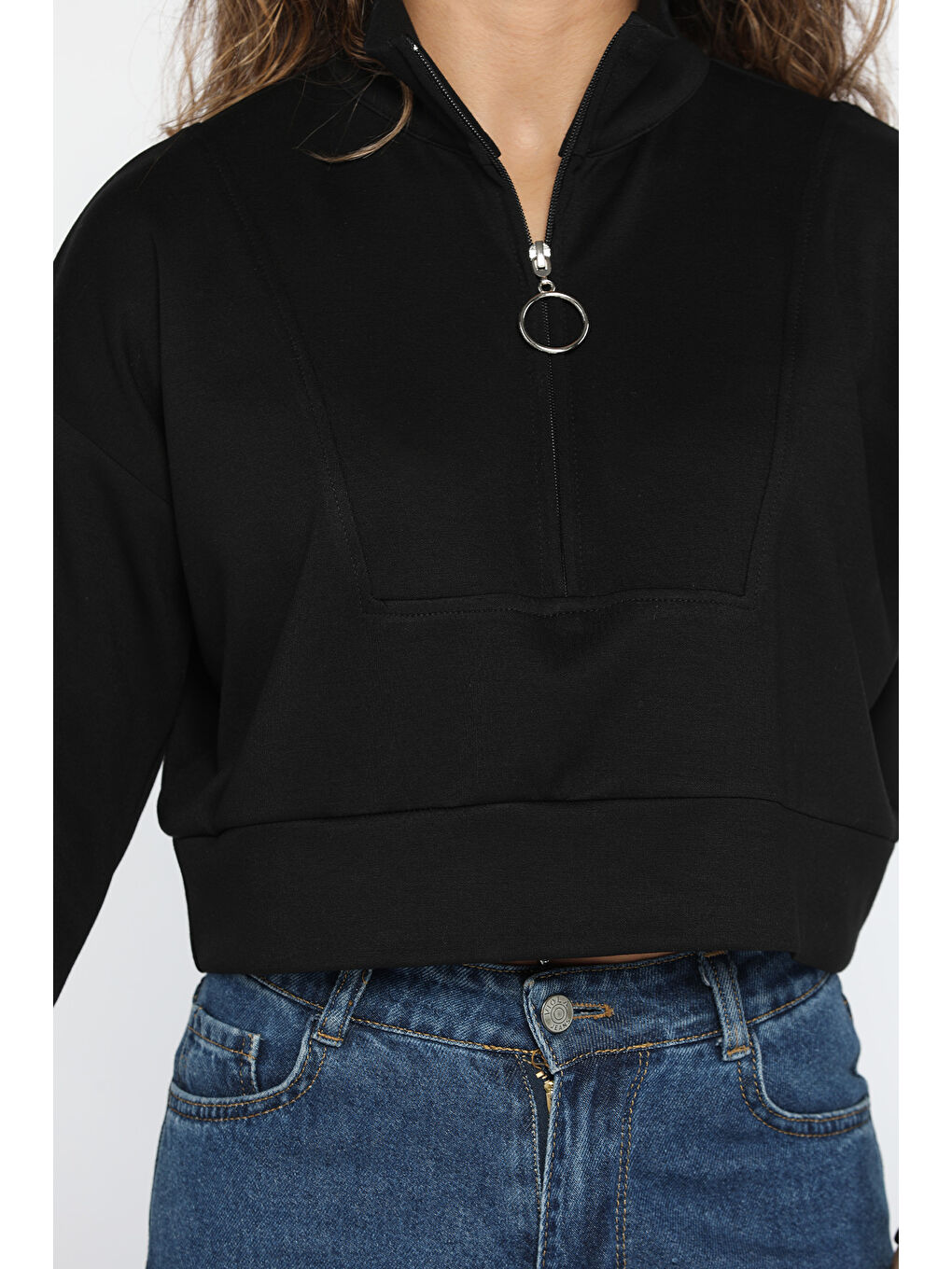 GÜLSELİ Siyah Oysho Kumaş Fermuar Detaylı Kadın Crop Top Sweatshirt - 2