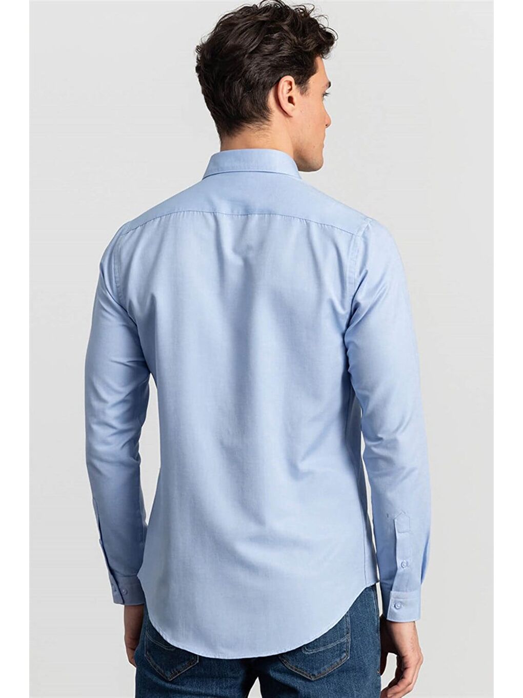 Slim Fit Uzun Kollu Pamuklu Kolay Ütü Düz Erkek Mavi Gömlek-3