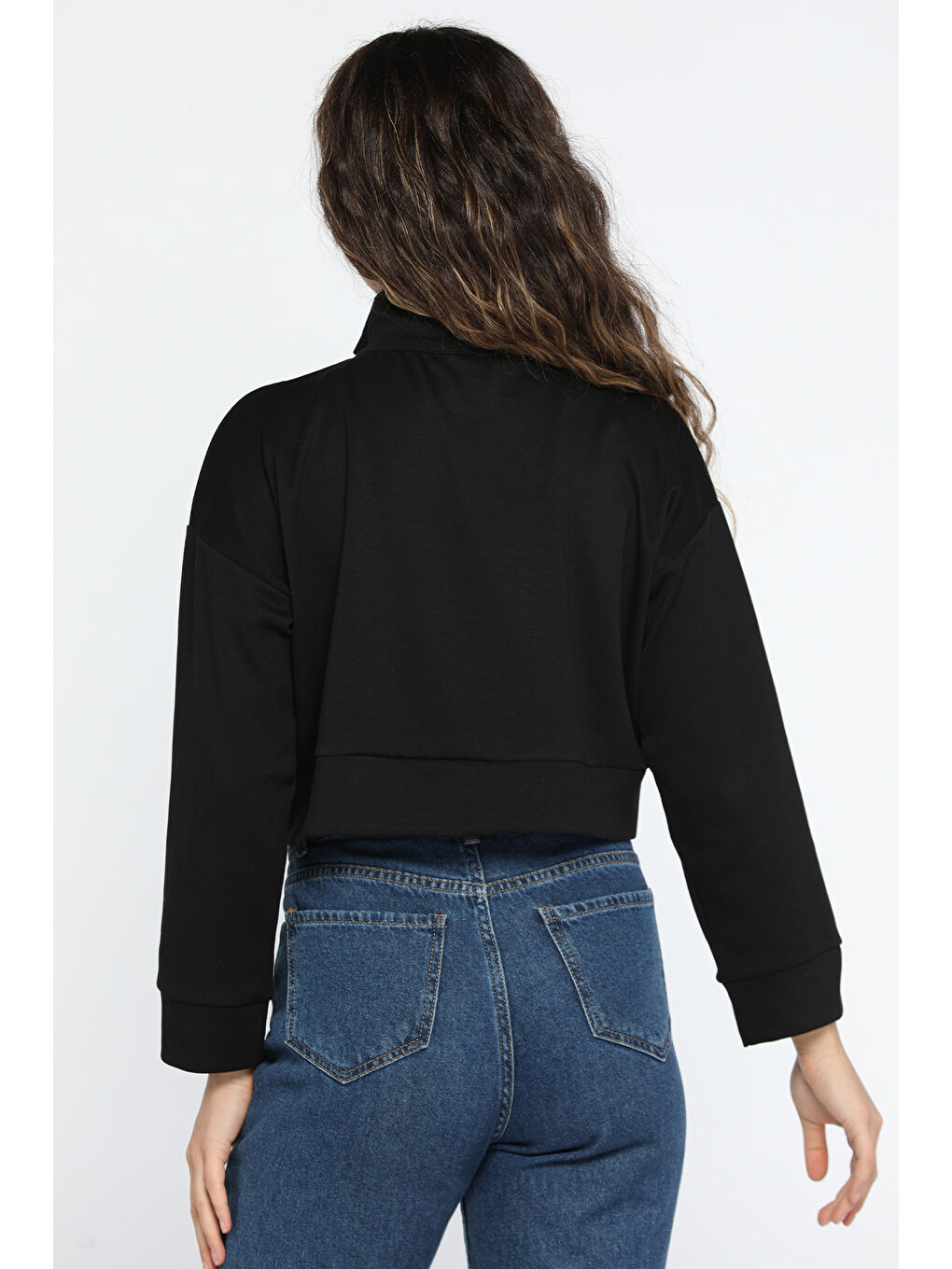 GÜLSELİ Siyah Oysho Kumaş Fermuar Detaylı Kadın Crop Top Sweatshirt - 3