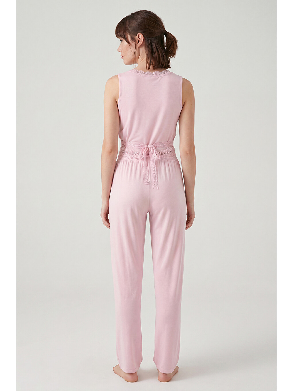 Pembe Yumuşak Dokulu Sırtı Bağlamalı Dantelli Crop Pijama Takımı 6575015-6