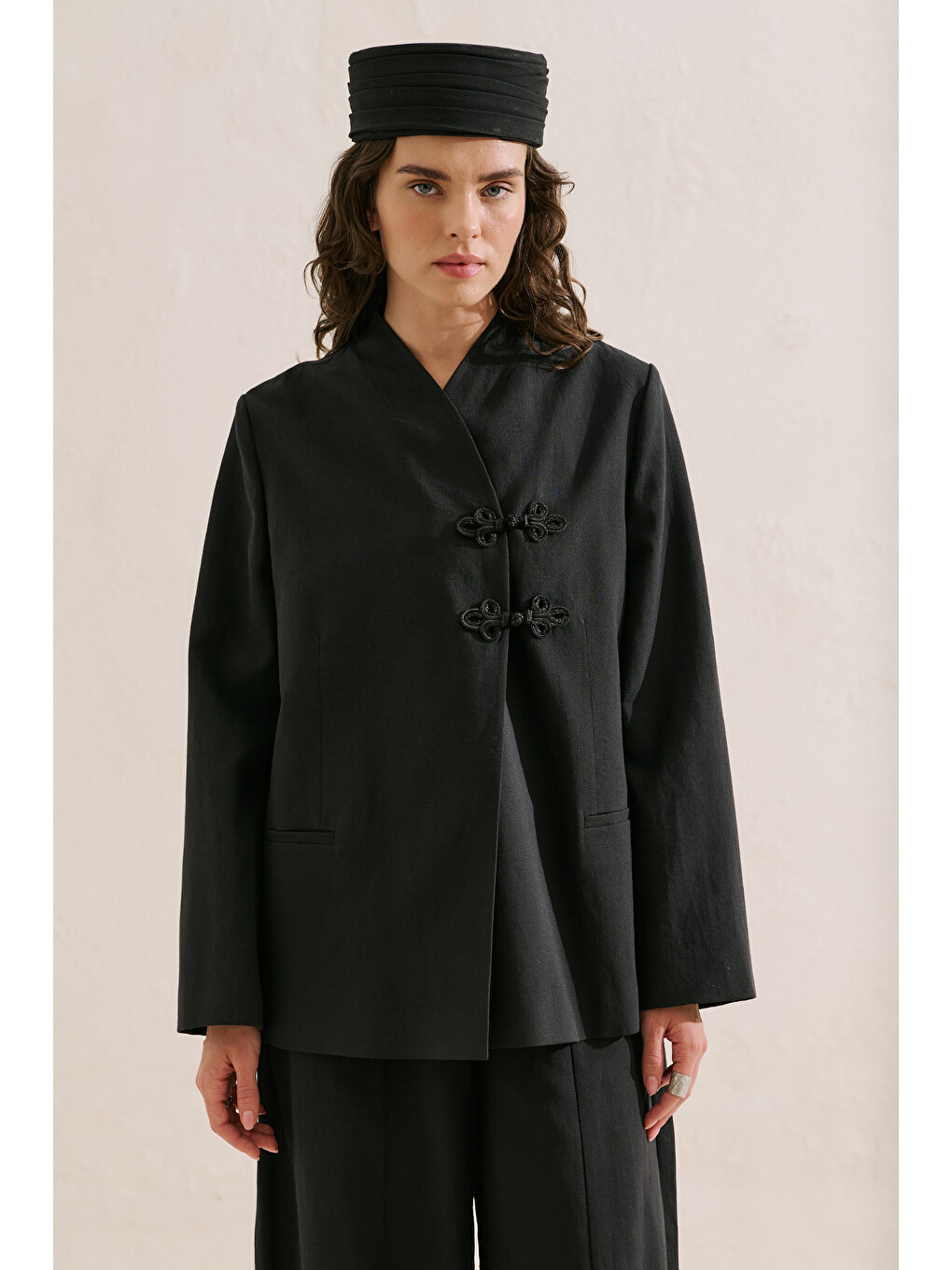 Düğüm Detaylı Kruvaze Blazer Ceket Siyah-2