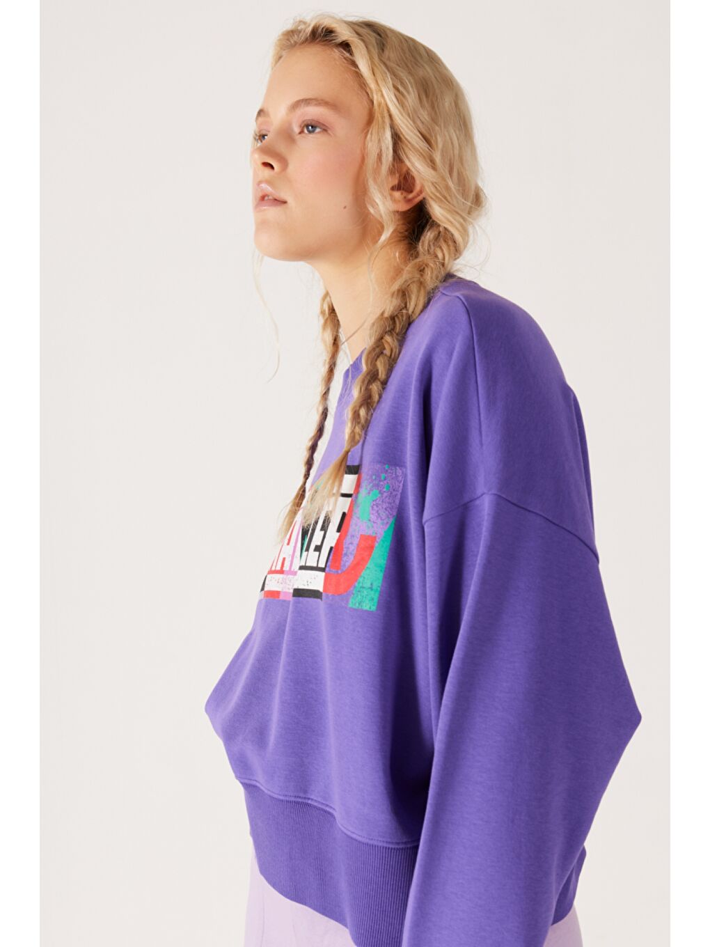 Relaxed Fit Geniş Kesim İçi Polarlı Bisiklet Yaka Mor Sweatshirt-3